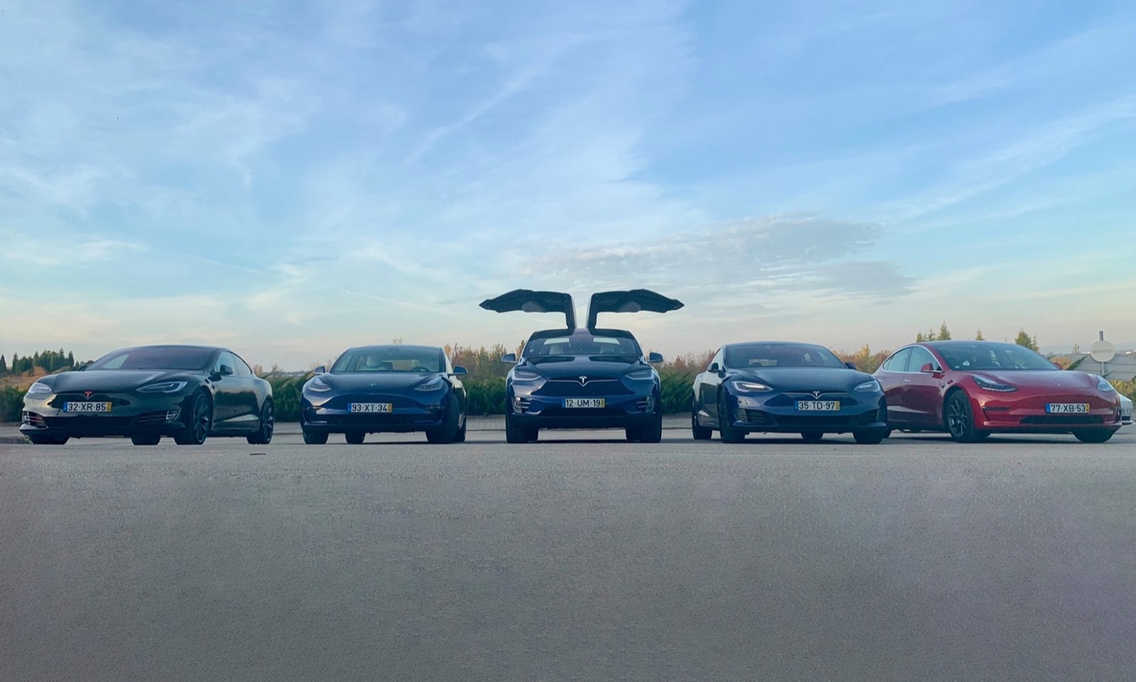 Cinco Teslas em Portugal alinhados frente a frente. Um Model S preto, um Model 3 azul, um Model X azul com portas gullwing abertas, um Model S azul e um Model 3 vermelho, todos com matrícula portuguesa, fotografados por membros do Tesla Club Portugal.