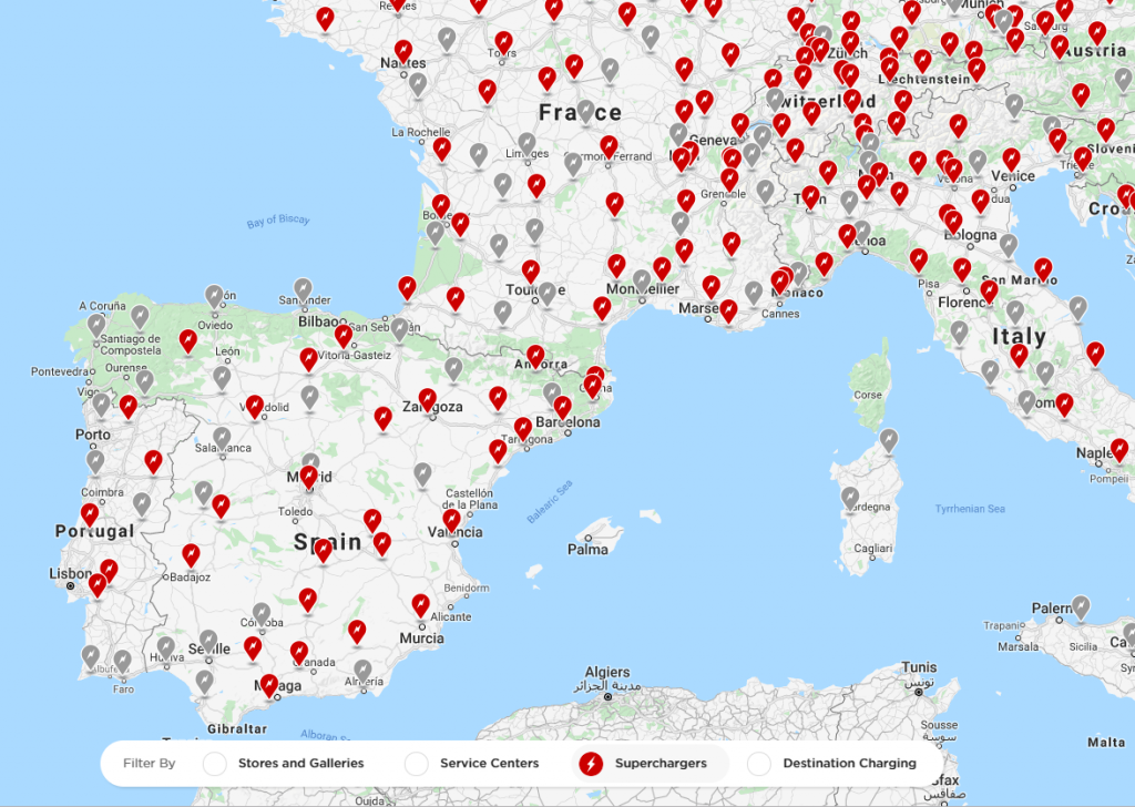 Rede de Superchargers na Península Ibérica e região europeia limítrofe.
